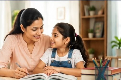 A mother helping her daughter with schoolwork at home