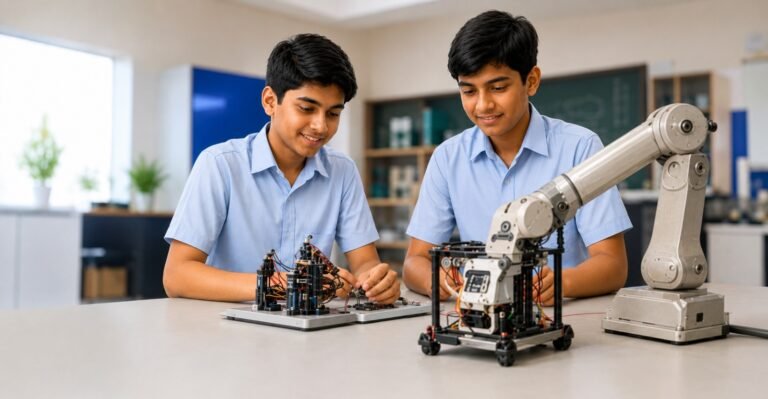 Two students working together on a robotic arm in a STEM lab