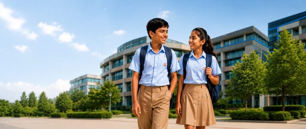 Two Edify students in uniform walking across the school campus